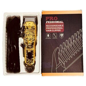 Rechargeable Professional Hair Clipper With Gold Lion Design & Accessories